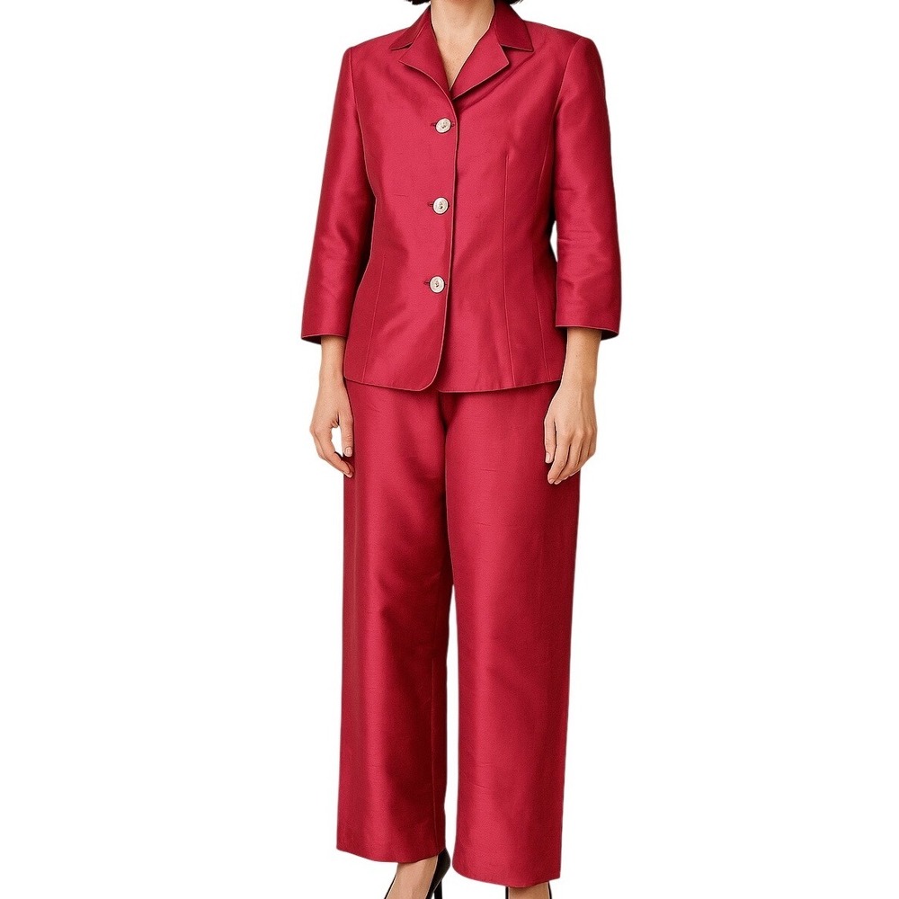Casual Corner Pink Collar 3/4 Sleeve Suit & Cigarette Trousers 100% Silk Size 8